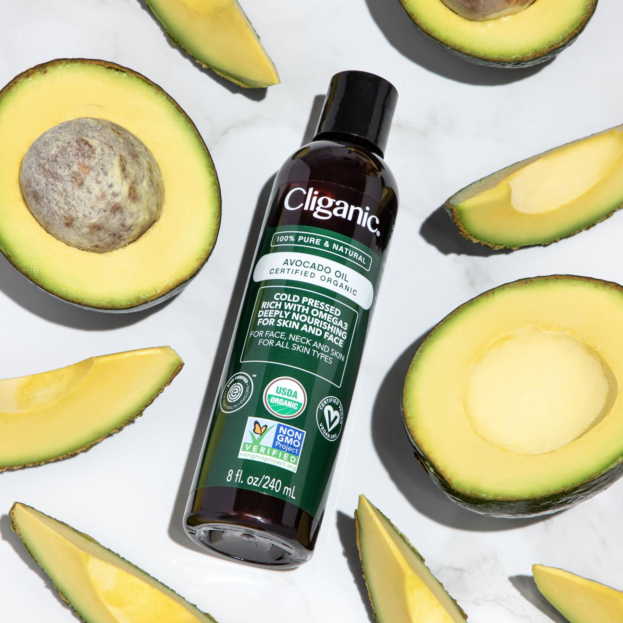 Cliganic Organic Avocado Oil, 100% Pure (8oz) - for Skin & Hair, Nourishing Carrier Oil for Face & Body
